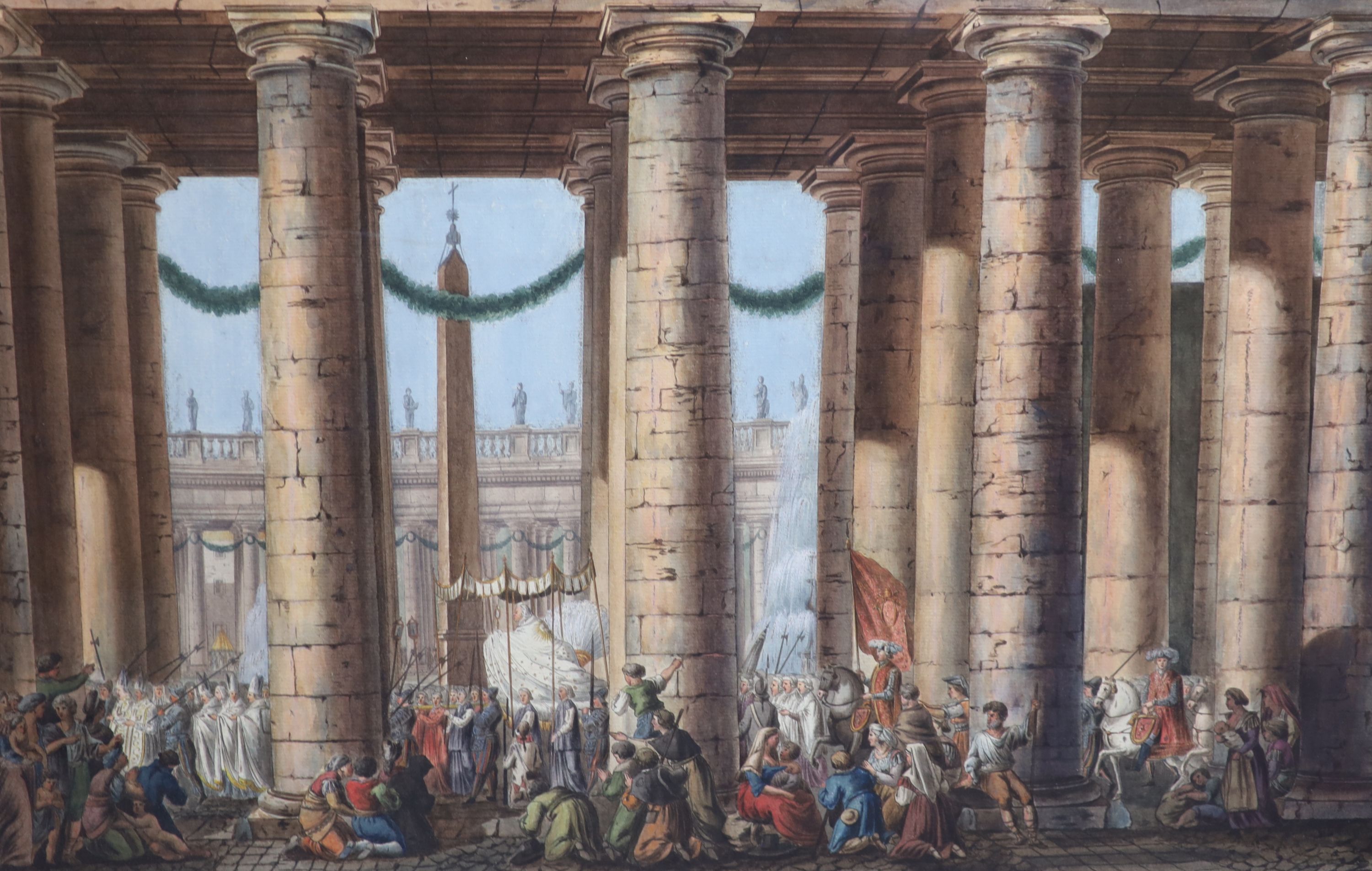 Italian School c.1800 , The Pope in Procession from St Peter's Square, through the Colonnades into the Basilica, set of four outlined engravings extensively hand coloured in watercolour, largest 46 x 69.5cm